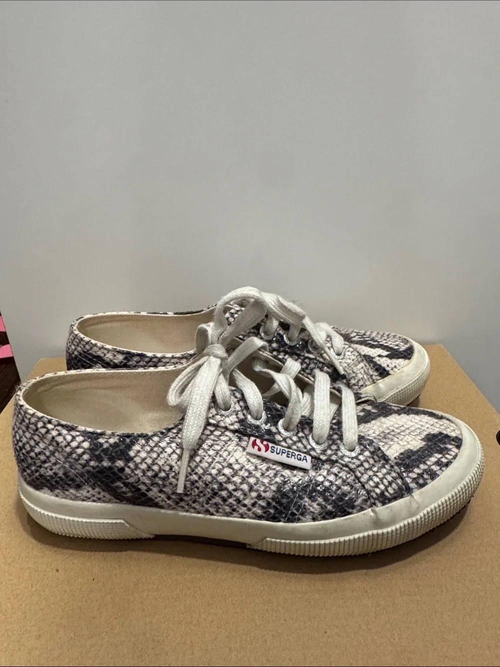 Superga Women's Snake-Print Canvas Sneakers in Cream and Black